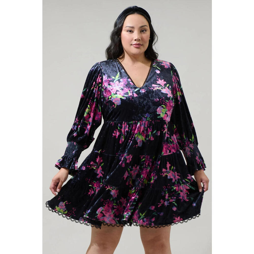 Sugarlips Curve Tulda Floral Amari Velvet Tiered Mini Dress 1x  New